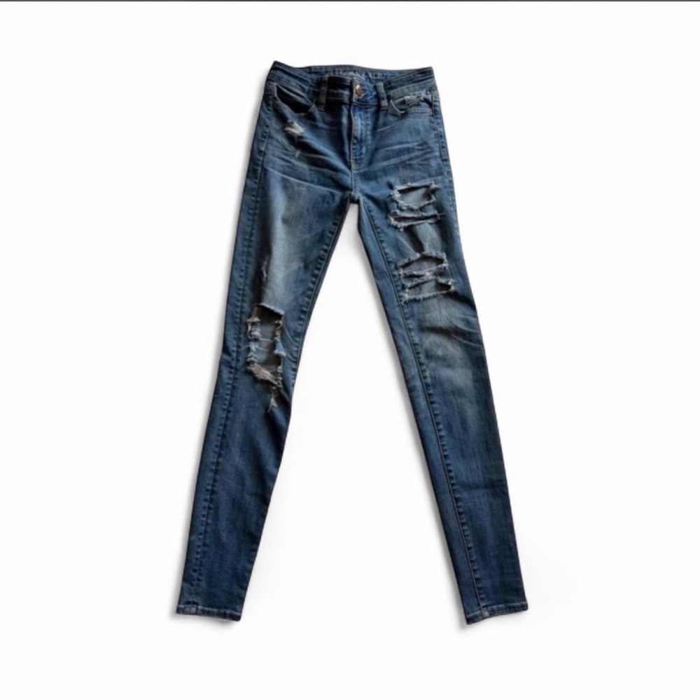 American Eagle Hi-Rise Jegging Super Stretch X Distressed Blue Jeans Size 0 Long